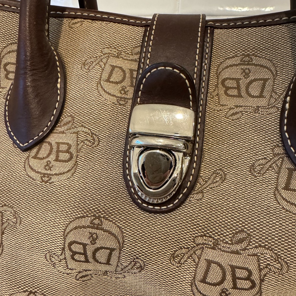 DOONEY & BOURKE Canvas Brown & Tan Leather DB Signature Tote Satchel Bag Purse - Picture 2 of 13